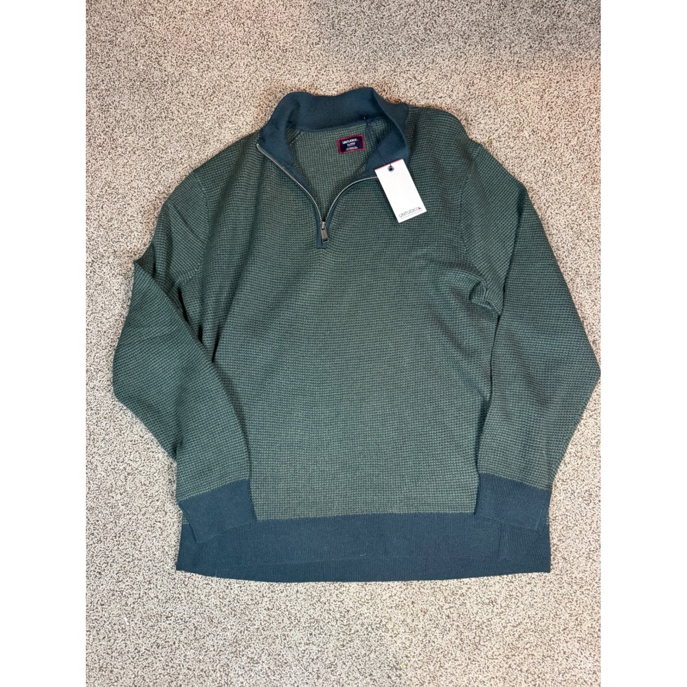 UNTUCKit Mens XL Merino Wool Quarter Zip Sweater Green Waffle Knit Regular Fit